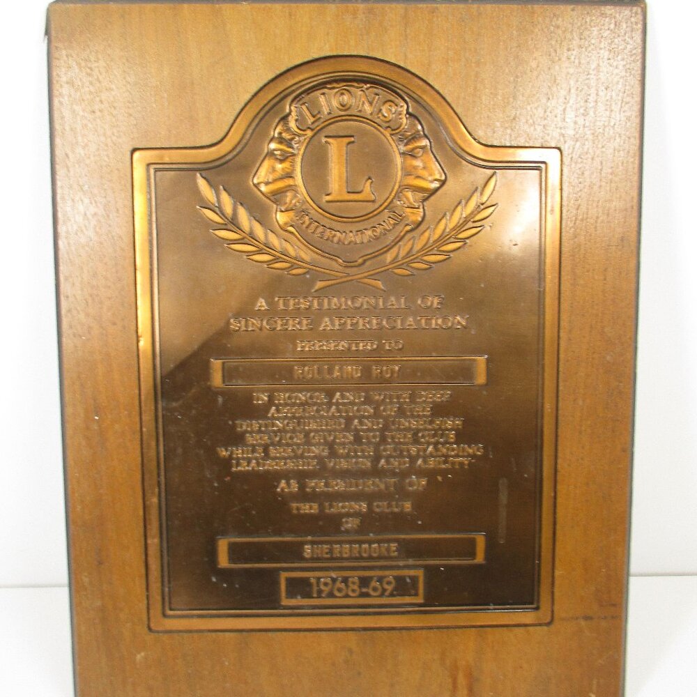 Vintage Lions Club International 1968-69 Wood & Bronze Plaque Award 15" x 12"